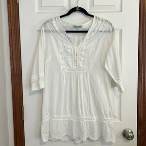 SAMSON Sheer White 100% Cotton Mini Dress w/ Lace Trim, Made in India - Medium